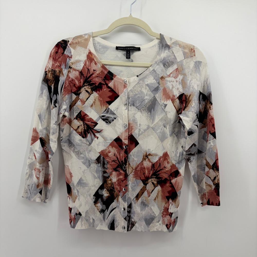 White House Black Market Womens S Cream Floral Geometric Cardigan 3/4 Sleeve